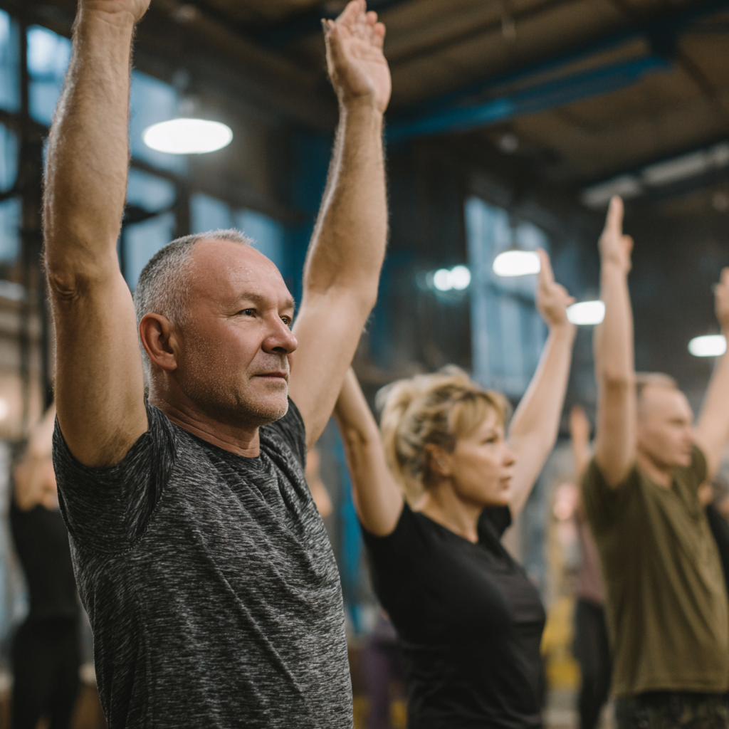 Middle-aged adults engaged in functional fitness training session