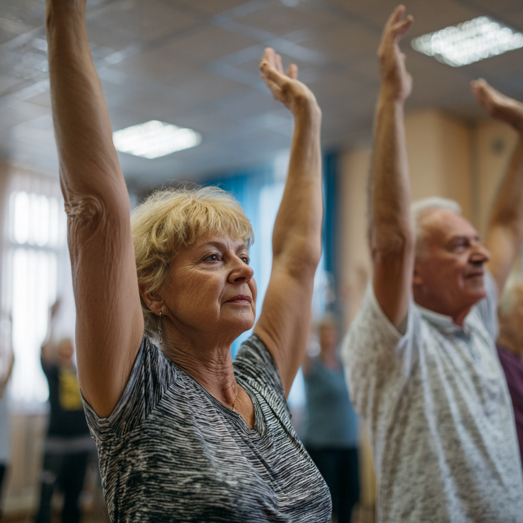 Older adults participating in guided fitness program sessions
